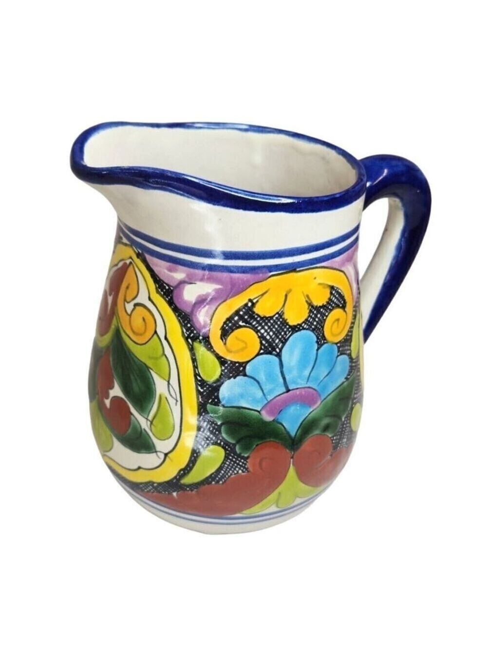 Hand-Painted Mexican Talavera Pottery Pitcher - Colorful Floral Design Singed Pi
